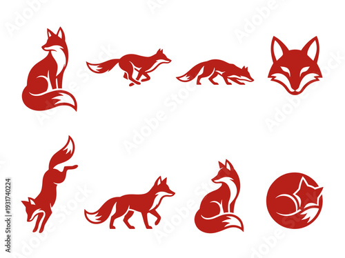 Dynamic red fox silhouettes and logos in different postures like sitting, leaping, and stalking for wildlife conservation and outdoor adventure themes