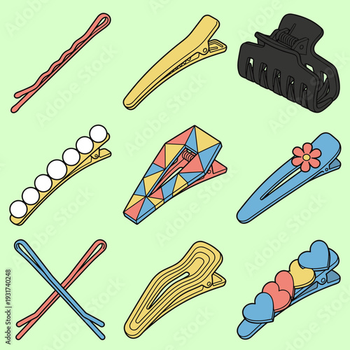 Trendy hair accessories collection featuring colorful clips hairpins and claws with floral and heart patterns for fashion beauty and styling concepts