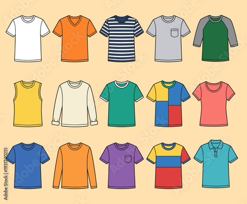 Diverse t-shirt apparel collection with various necklines sleeve lengths and color patterns for fashion retail clothing design and textile industry