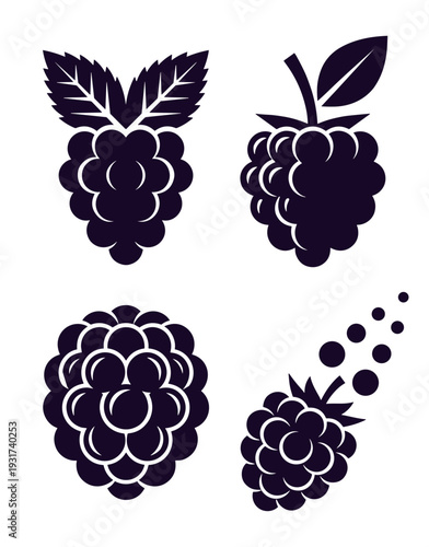 Stylized black and white raspberry fruit icons with leaves showing berry texture and juice droplets for organic food branding and packaging design