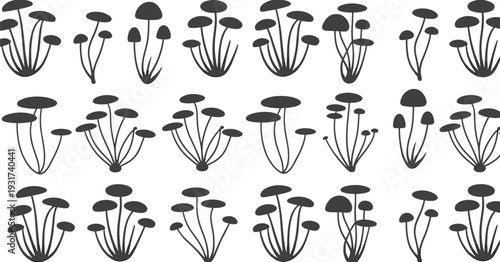 Black and white vector collection of mushroom silhouettes featuring various wild forest fungi isolated for botanical design, nature illustration and organic concepts