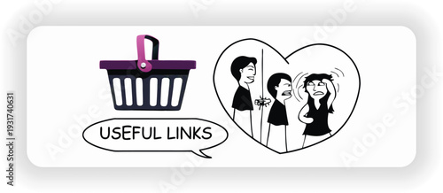 Useful Links and Heart's illustration: A vibrant illustration showcasing a shopping basket with a useful links speech bubble. alongside, a visual representation of heart's shape.