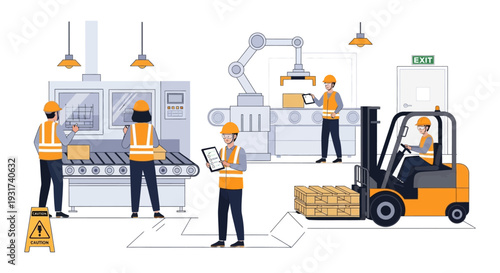 Modern Factory & Warehouse Operations: Workers, Automation, Forklift, Conveyor Belt, Safety & Supply Chain Logistics
