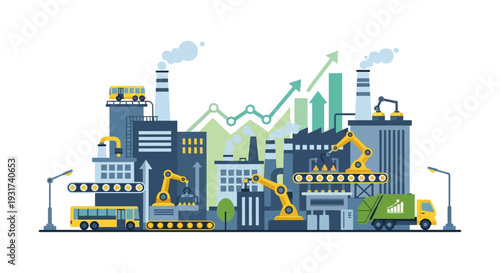 Industrial Production & Modern Factory Automation Vector with Upward Growth Chart - Manufacturing, Efficiency, and Economic Progress Concept