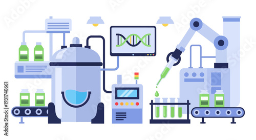 Automated Biotechnology Lab with Robotic Arm, DNA Research & Pharmaceutical Production. Scientific Innovation & Genetic Engineering Concept Illustration.