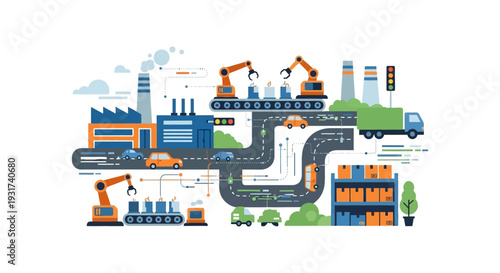 Industry 4.0 Smart Factory and Supply Chain Logistics Automation. Modern Manufacturing Process, Production Line, and Distribution Network Illustration.