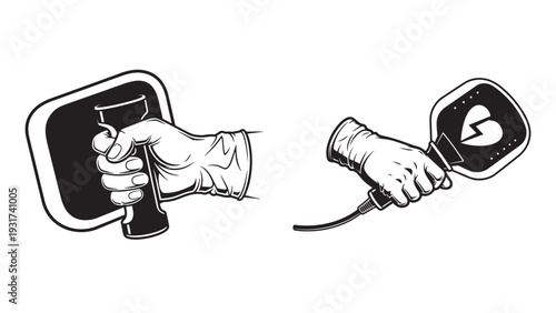 Medical Professional Using Defibrillator Paddles, Emergency Cardiac Resuscitation and Life Saving Treatment Illustration