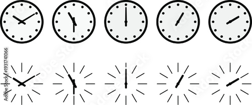Set of Minimalist Analog Clock Icons, Various Time Displays with Dot and Line Indexes, Black and White Vector Illustration Collection,
