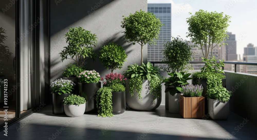 Fototapeta premium Modern Balcony Garden Oasis with Lush Green Plants and Cityscape View