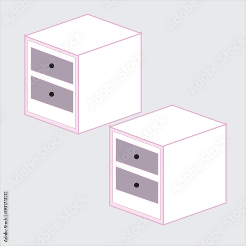 A simple illustration depicts two white bedside tables with drawers outlined in a pale pink color