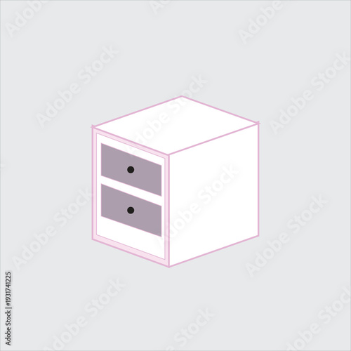 A simple isometric illustration depicts a white bedside table with two drawers and a pink outline