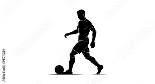 male soccer player dribbling a ball silhouetted in dynamic action isolated on a clean white background for sports design elements