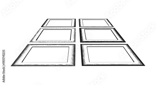 minimalist grid of six blank rectangular frames on a white background ideal for a design template or conceptual placeholder