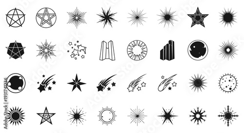 minimalist collection of star sun and moon symbols illustrating celestial and astrological icons for design.