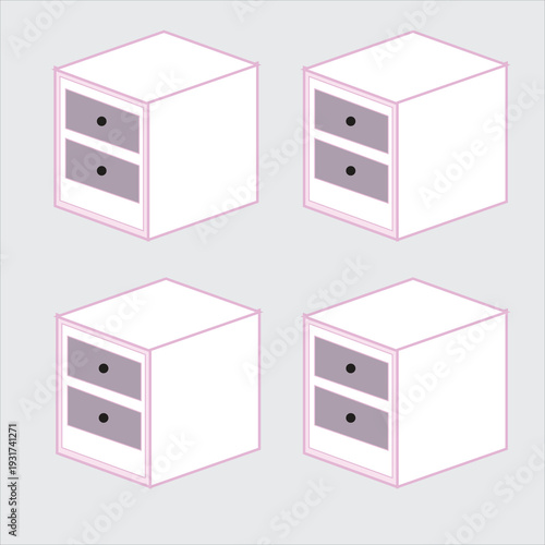 An isometric illustration displays four simple white bedside tables each with two drawers and pink outlines