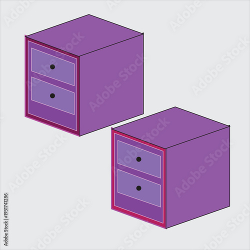 A simple illustration depicts two purple bedside tables with drawers set against a light gray background