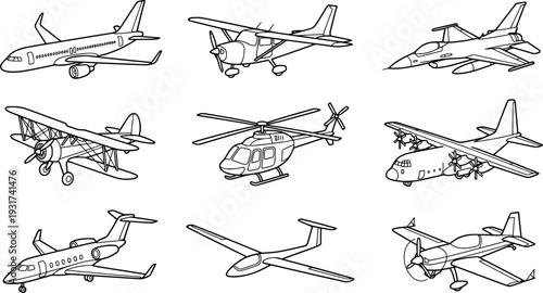 set of aircraft line art, black outline, vector and illustration, coloring book page line art drawing

