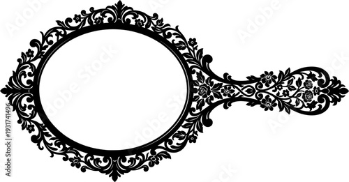 Ornate handheld mirror silhouette with floral handle and decorative frame isolated on white background
