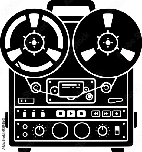 Flat design black silhouette vector icon of vintage reel-to-reel tape recorder for audio recording and music playback isolated on white background
