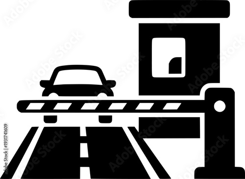 Minimalist black silhouette of a toll booth or gate on a road isolated on white background
