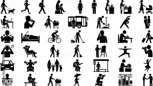 Collection of human silhouettes in various daily life situations and actions isolated on white background
