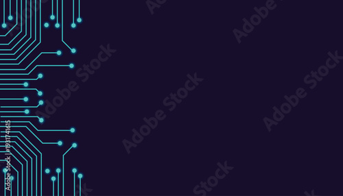 Abstract blue glowing circuit board pattern on dark navy background, digital technology concept, copy space on the right side vector illustration
