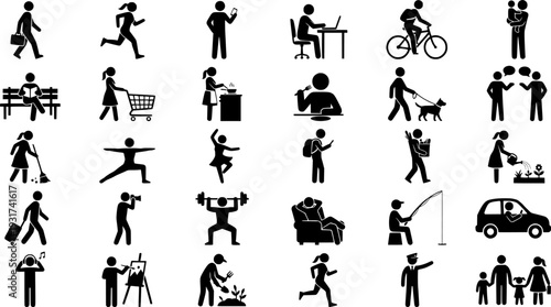 Collection of human silhouettes in various daily life situations and actions isolated on white background
