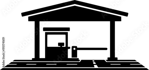 Minimalist black silhouette of a toll booth or gate on a road isolated on white background
