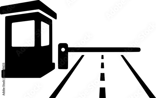Minimalist black silhouette of a toll booth or gate on a road isolated on white background

