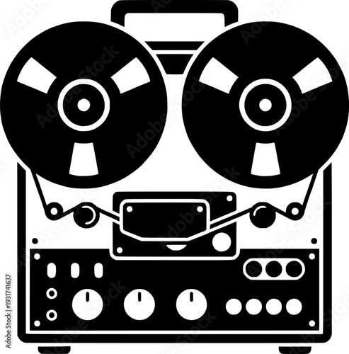 Flat design black silhouette vector icon of vintage reel-to-reel tape recorder for audio recording and music playback isolated on white background
