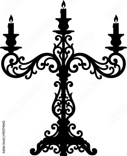 Black silhouette of a three-armed candelabra with curly metalwork isolated on white background
