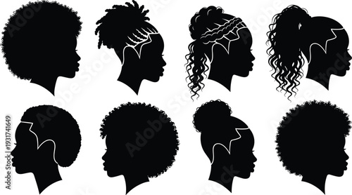 African women profile silhouettes vector collection isolated on white background, diverse black female hairstyles set for design