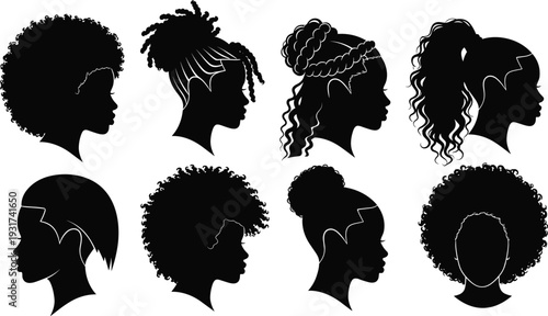 African woman profile silhouettes vector set isolated on white background, diverse black female hairstyles collection for design