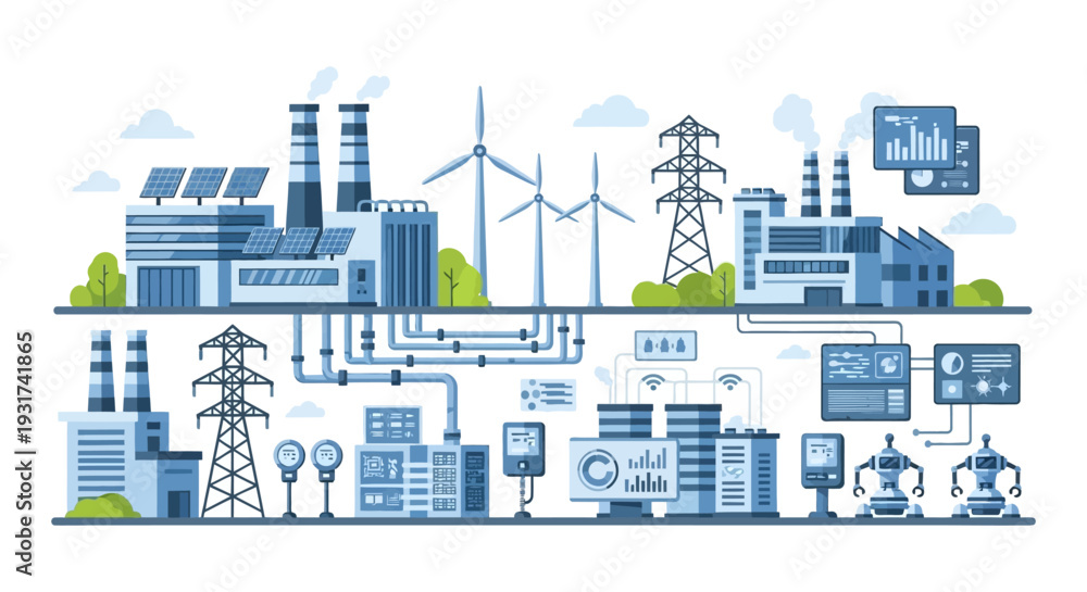 Obraz premium Integrated Industry 4.0: Smart Factory, Renewable Energy, Automation & Data Management