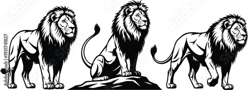 Majestic lion silhouettes vector illustration set isolated on white background, powerful wild animal collection for logo design