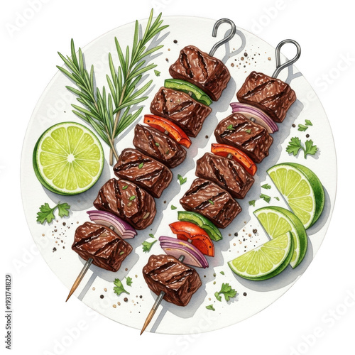 Delicious grilled meat skewers with vegetables isolated on transparent background