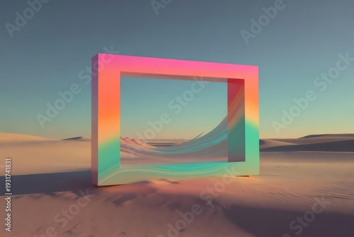 Abstract gradient square frame in desert landscape. Artistic creative design element. Concept of a surreal gateway or portal to another dimension.