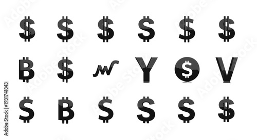 black dollar bitcoin and global currency symbols illustrating digital finance and economic trends on a white background.