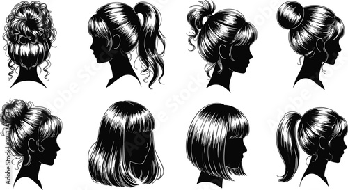 Black and white vector collection of women hairstyle silhouettes featuring bun, ponytail, bob and profile views for beauty salon branding and design use