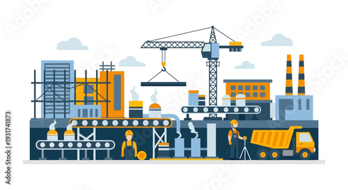 Industrial Complex Construction and Manufacturing Process Illustration with Workers, Factory Buildings, Crane, and Production Line