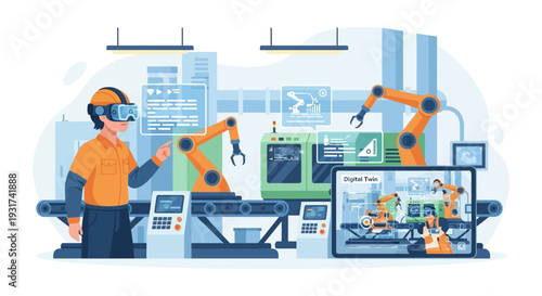 Industrial Engineer using VR/AR Headset to Manage Smart Factory with Digital Twin Technology