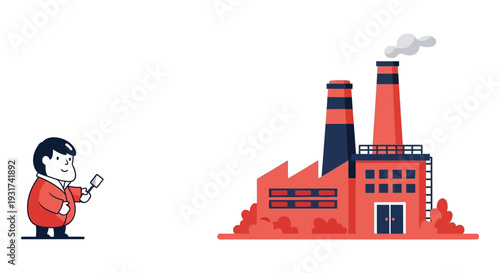 Cartoon Man with Remote Control Facing Industrial Factory - Manufacturing, Business & Production Illustration