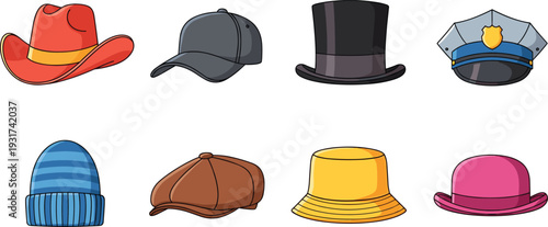 Various Hat Styles Vector Set with Cowboy Cap Top Hat Police Helmet Beanie Bucket and Bowler Fashion Headwear Collection.