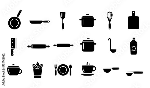 Minimal Dark Gray Kitchen and Cooking Utensil Icons