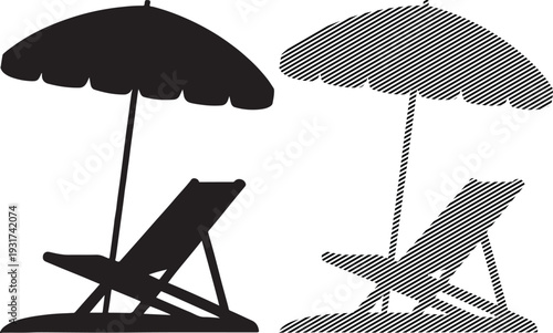 Beach Chairs with Umbrellas in Black and White white background