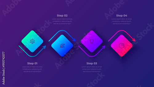 4 Step Process Infographic Diamond Shape Workflow Diagram with Directional Arrows and Gradient Blocks