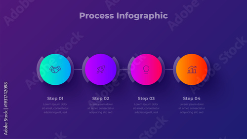 4 Step Circle Process Infographic Horizontal Connected Round Segments with Linear Flow Diagram on Dark Background