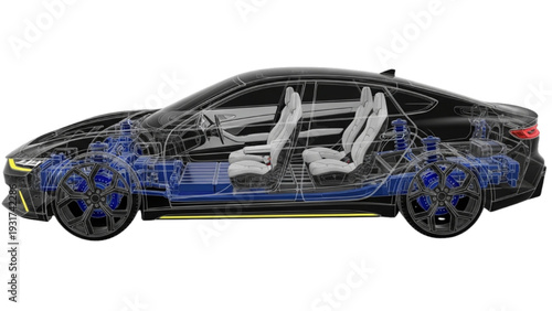 Detailed Futuristic Car Side Elevations, 3D Cutaway View, Technical Blueprint Illustration, Isolated on White Background