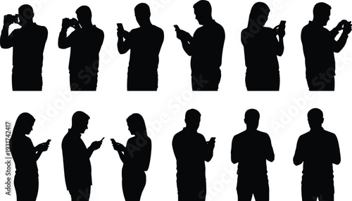 Collection of business people silhouettes using smartphones for communication texting browsing and social media isolated on white background vector set