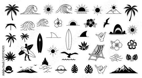 minimalist summer beach and surf icons illustration depicting tropical vacation elements for graphic design and branding